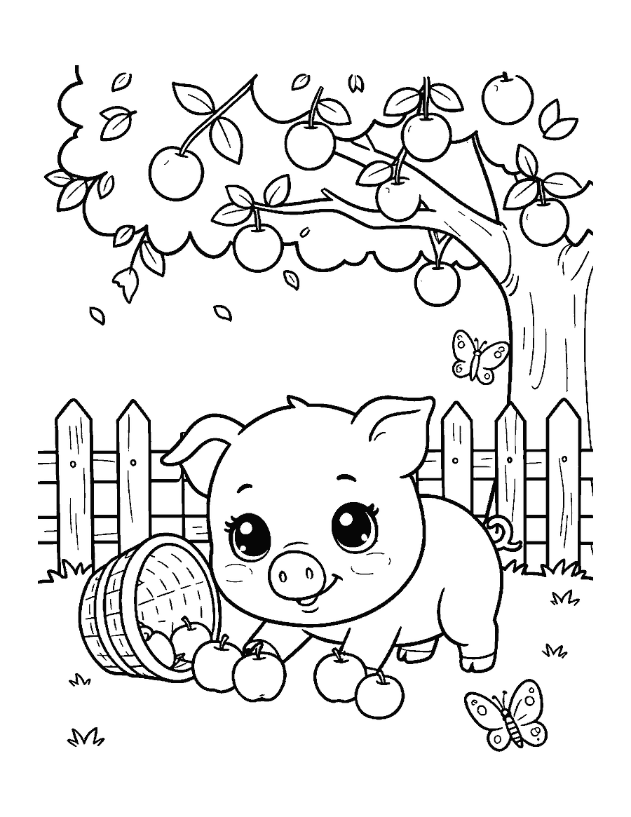 Line drawing of a cute pig pushing apples with its snout under an apple tree