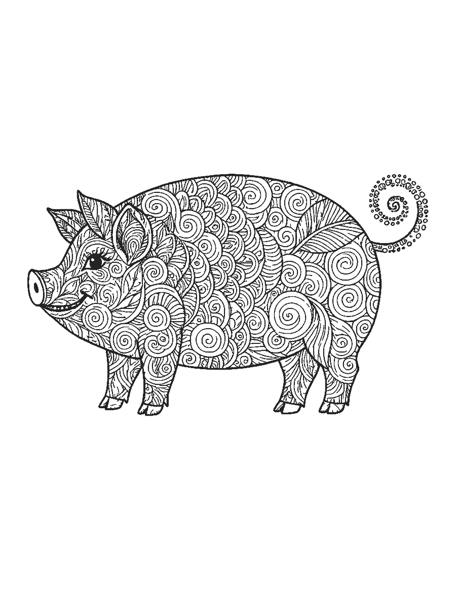 Line drawing of a pig filled with doodle swirls, scales and circles