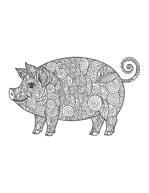 Line drawing of a pig filled with doodle swirls, scales and circles