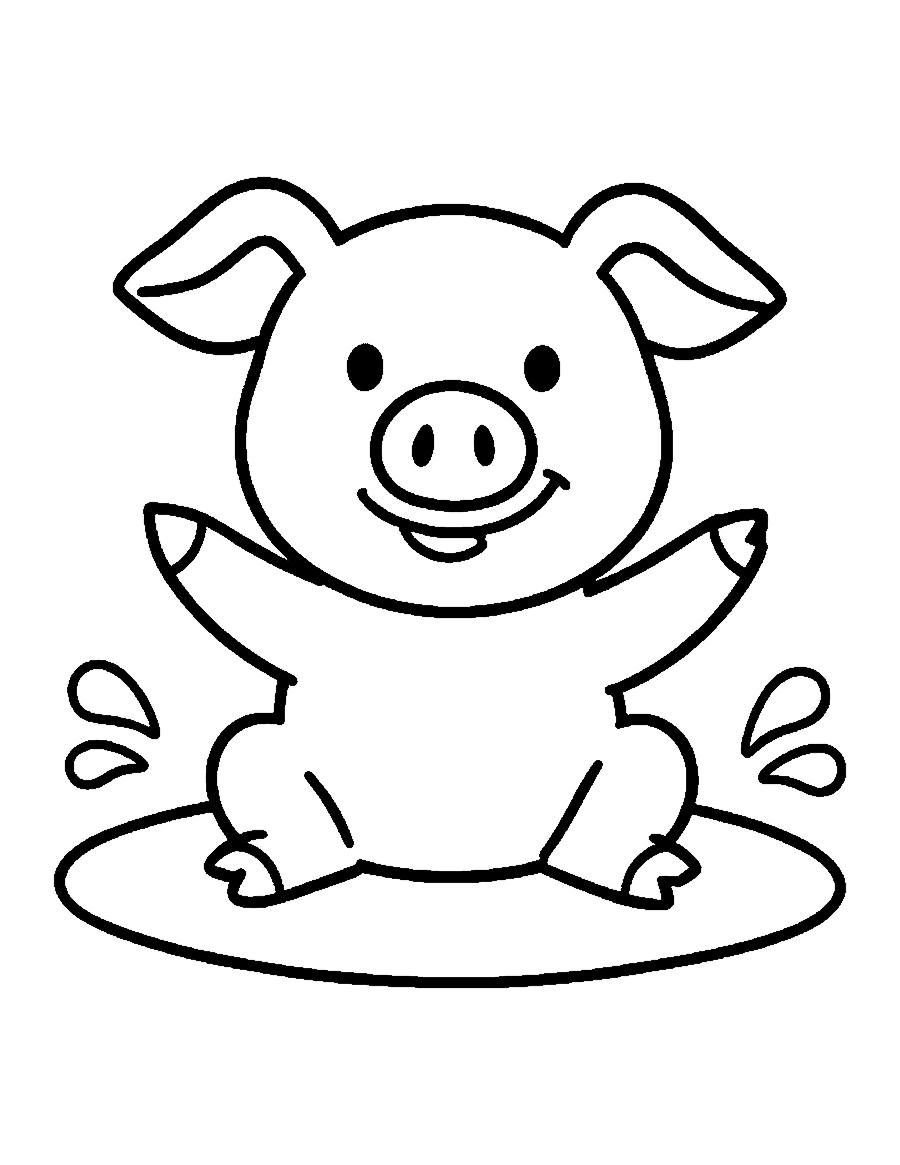 Line drawing of a happy pig sitting in a mud puddle facing forward