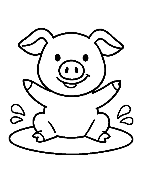 Line drawing of a happy pig sitting in a mud puddle facing forward