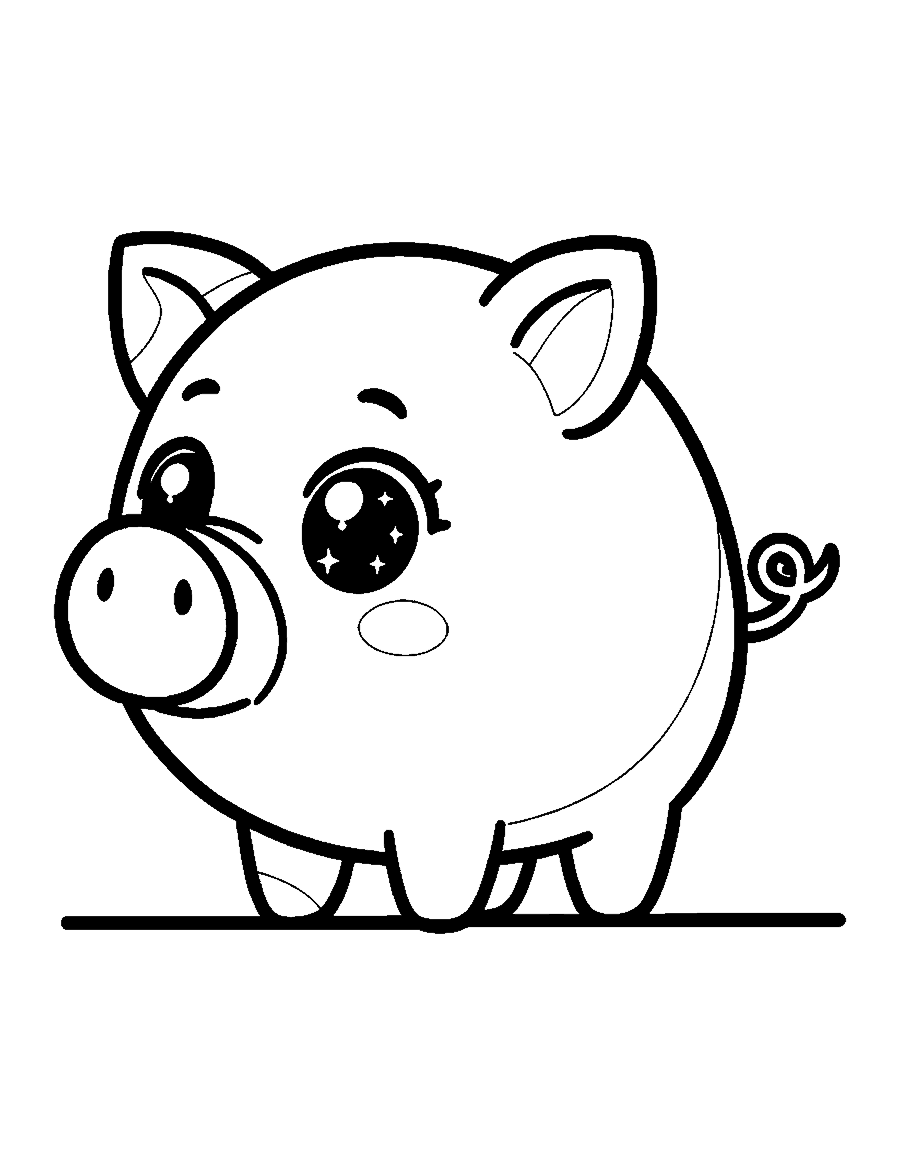 Line drawing of a cute round piglet with big eyes and a curly tail