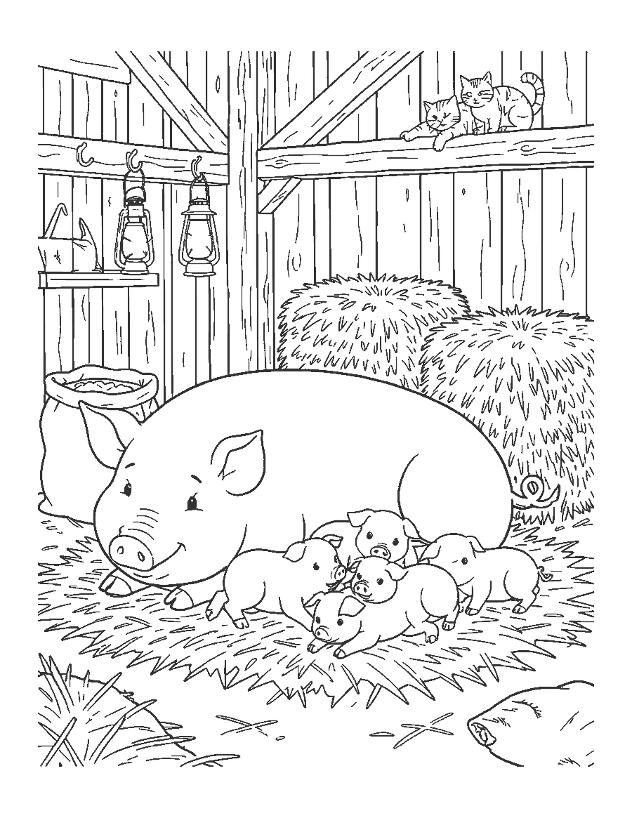Line drawing of a mother pig resting on straw with six piglets in a barn
