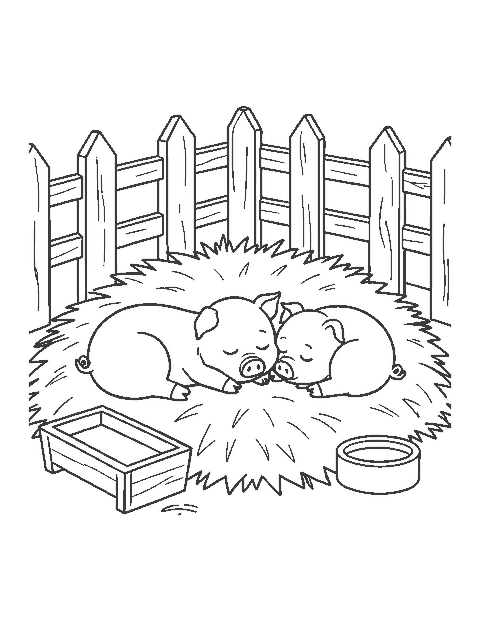 Line drawing of three piglets sleeping on straw inside a wooden pen