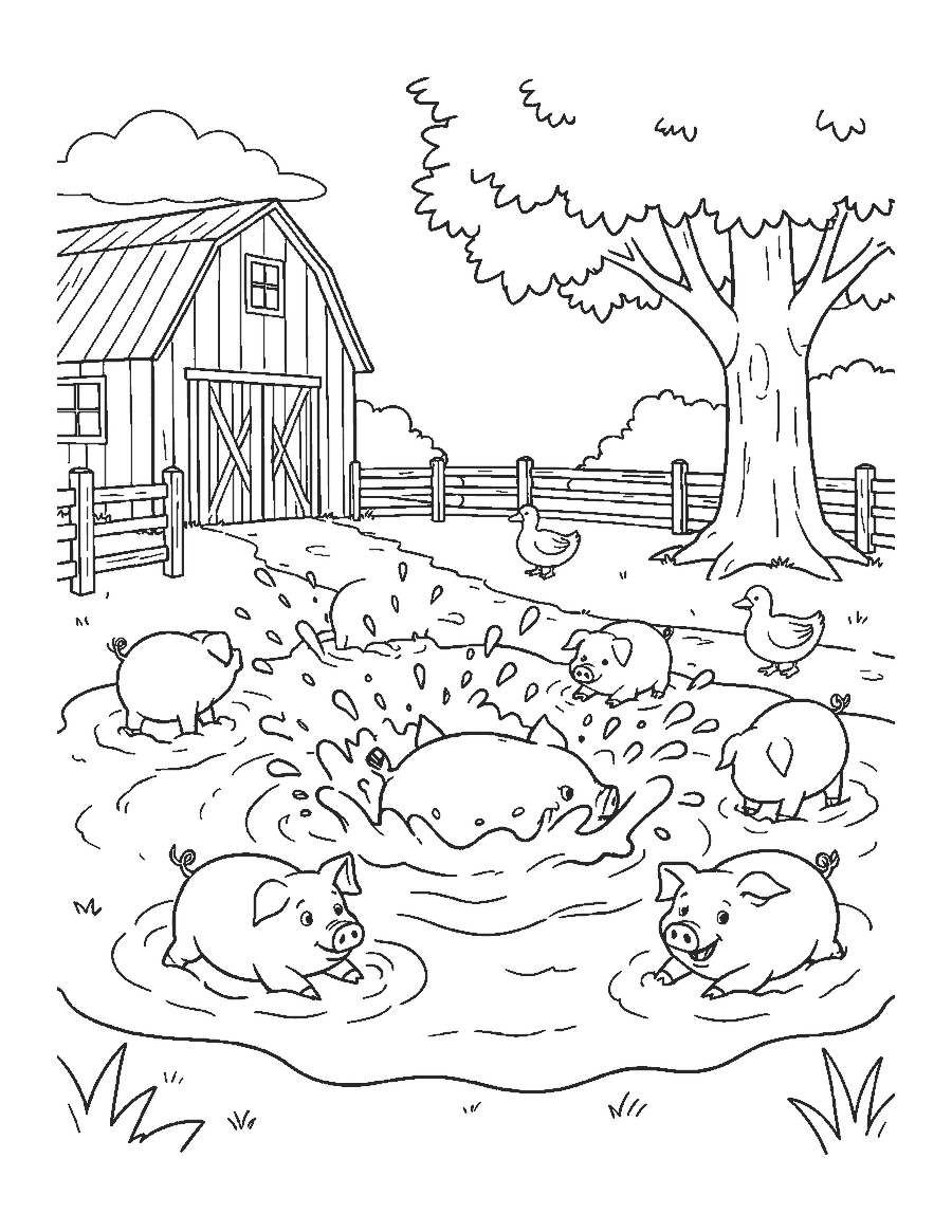 Line drawing of pigs rolling and splashing in a muddy farmyard by a barn