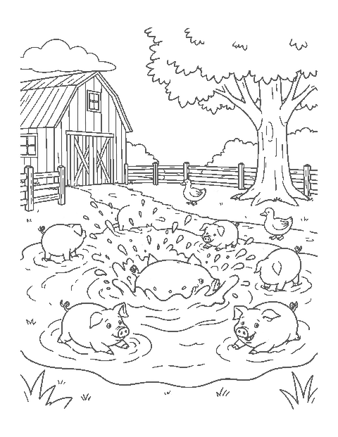 Line drawing of pigs rolling and splashing in a muddy farmyard by a barn
