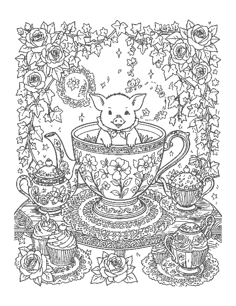 Line drawing of a piglet in a big flowered teacup among teapots, roses and lace
