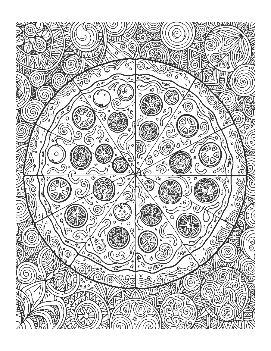 Line drawing of a whole pizza with every topping filled with doodle patterns