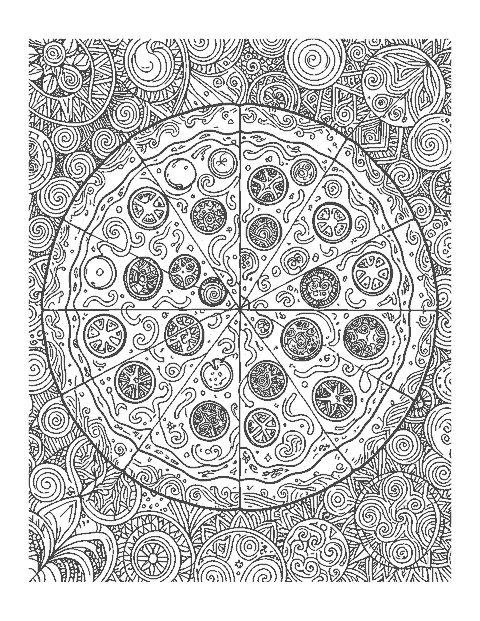 Line drawing of a whole pizza with every topping filled with doodle patterns