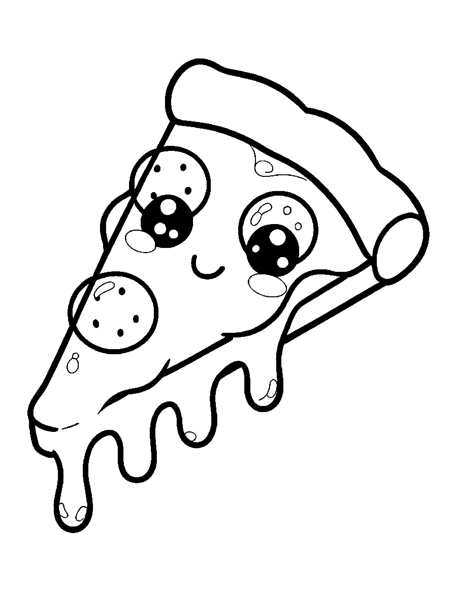 Line drawing of a cute smiling pizza slice with pepperoni and stretchy cheese