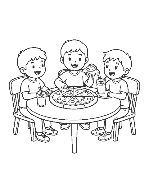 Line drawing of three kids sharing a pizza at a round table, one pulling a cheesy slice