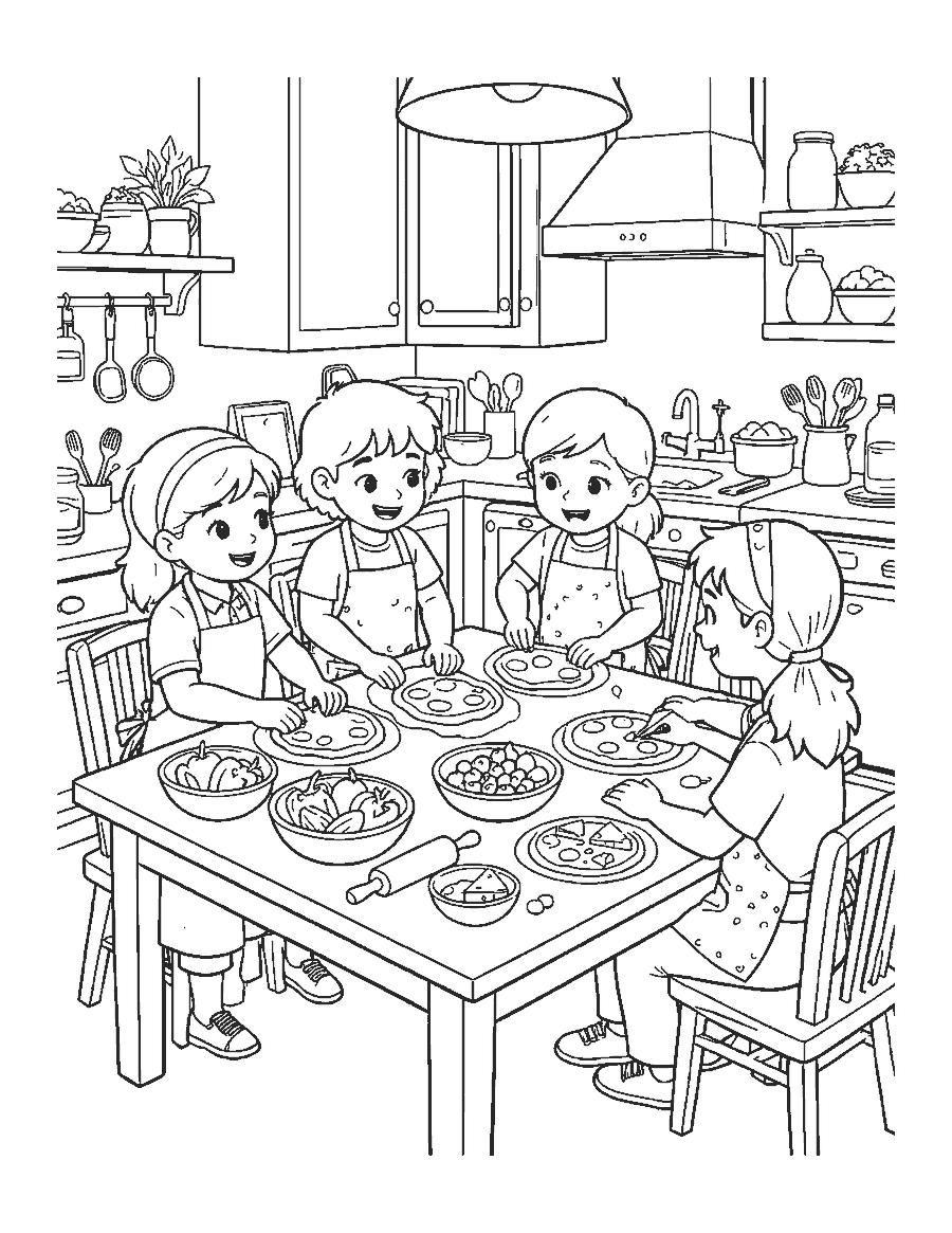 Line drawing of children making mini pizzas with bowls of toppings and a parent helping