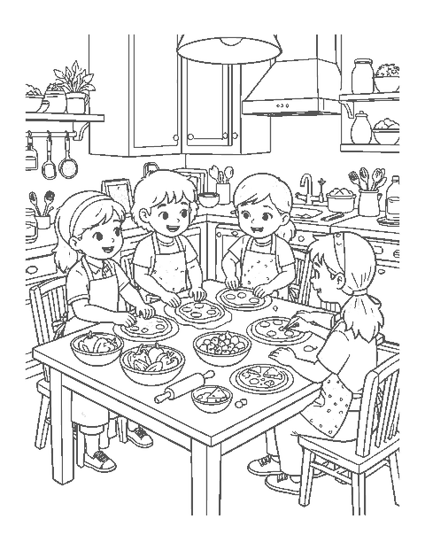 Line drawing of children making mini pizzas with bowls of toppings and a parent helping