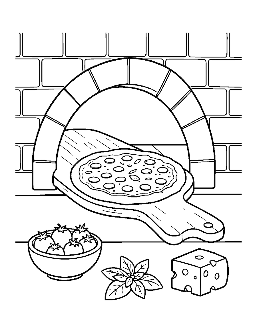 Line drawing of a pizza on a wooden peel coming out of a brick oven with tomatoes and basil