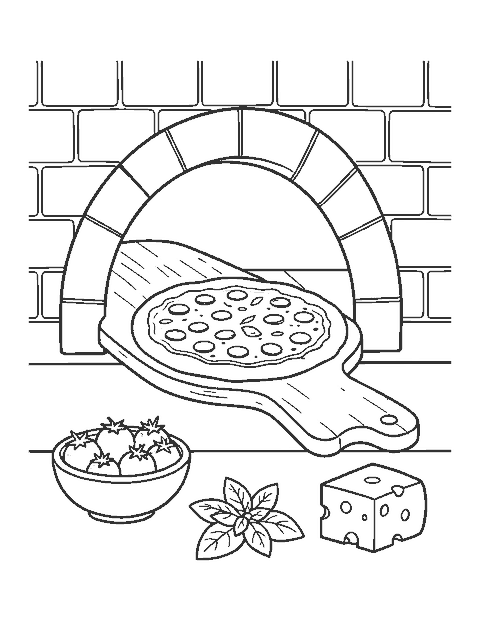 Line drawing of a pizza on a wooden peel coming out of a brick oven with tomatoes and basil