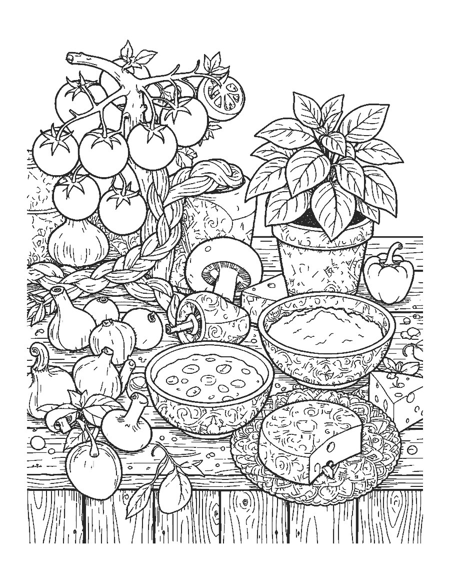 Line drawing of tomatoes, garlic, basil, peppers and cheese on a rustic wooden table