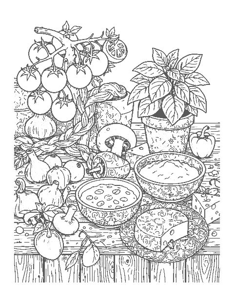 Line drawing of tomatoes, garlic, basil, peppers and cheese on a rustic wooden table