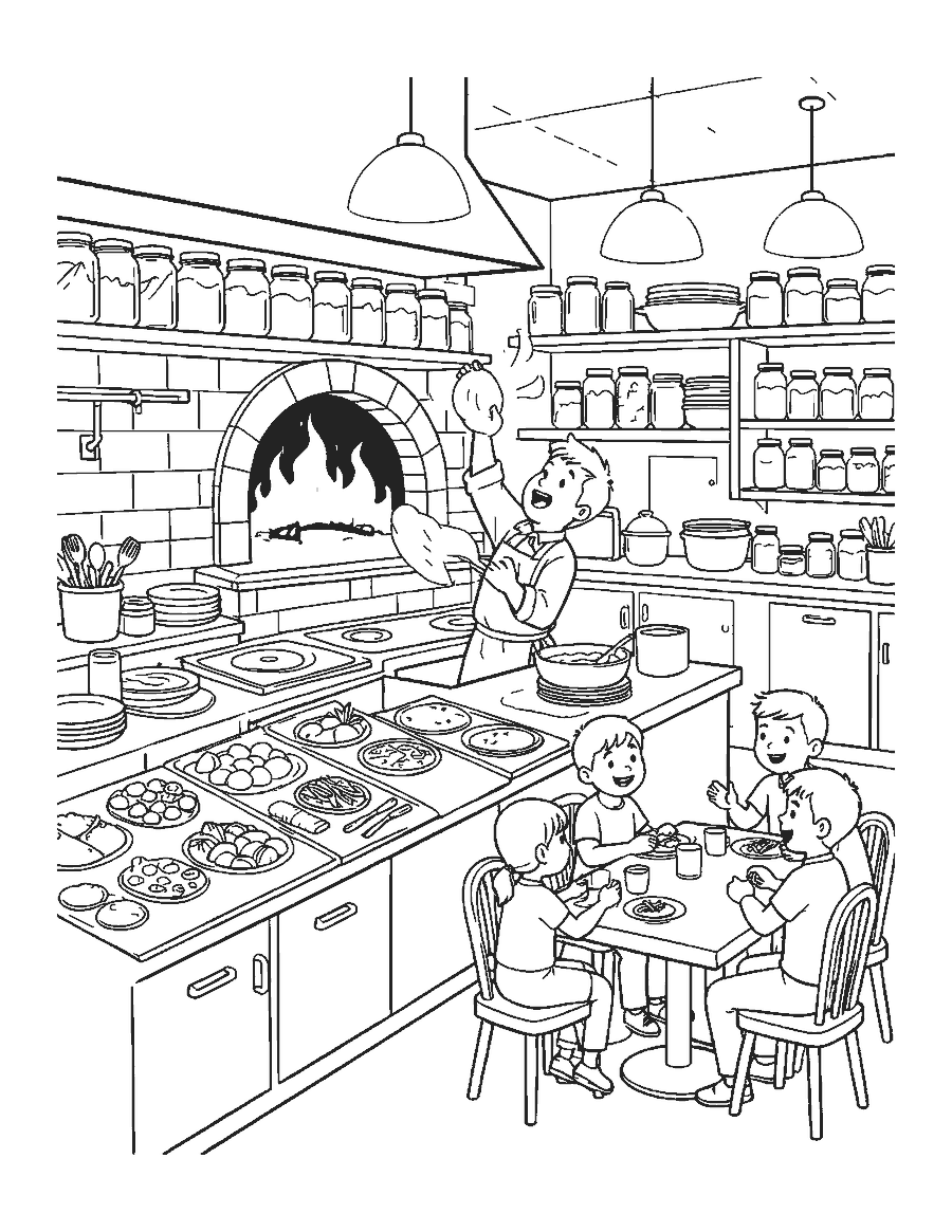 Line drawing of a chef tossing pizza dough in a pizzeria kitchen with a brick oven