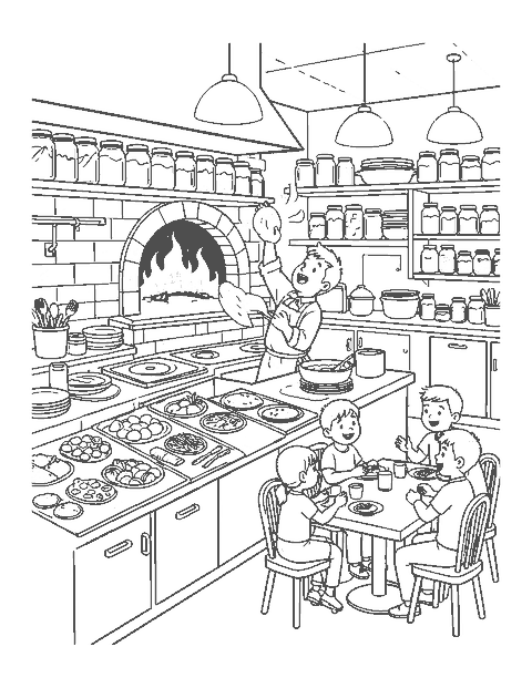 Line drawing of a chef tossing pizza dough in a pizzeria kitchen with a brick oven