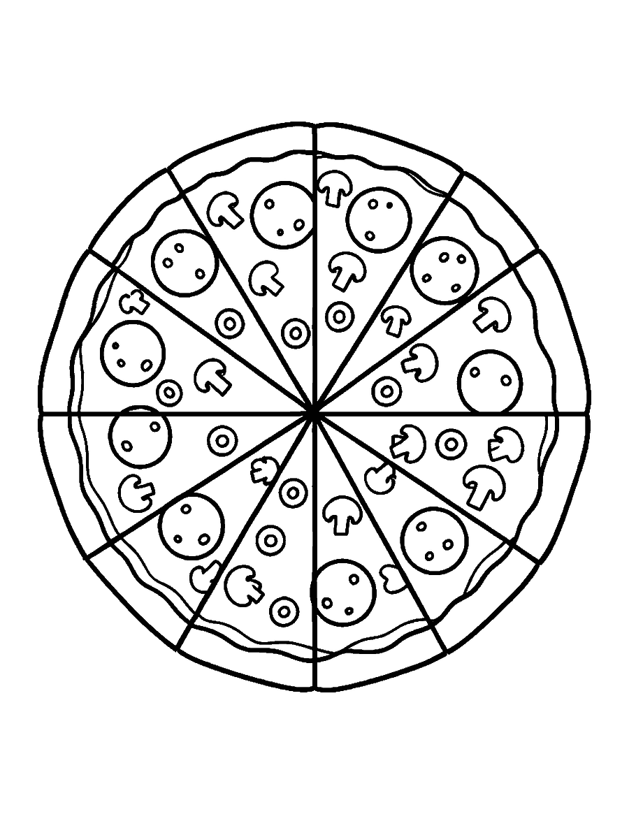 Line drawing of a whole round pizza cut into eight slices with pepperoni and olives