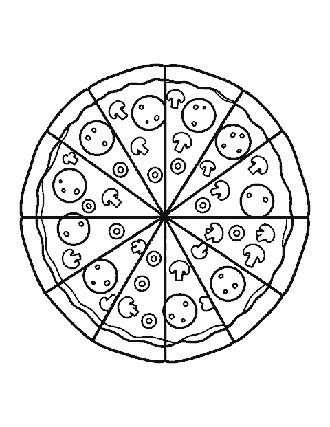Line drawing of a whole round pizza cut into eight slices with pepperoni and olives