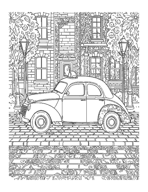 Line drawing of a detailed 1950s police cruiser with a dome light on a brick street