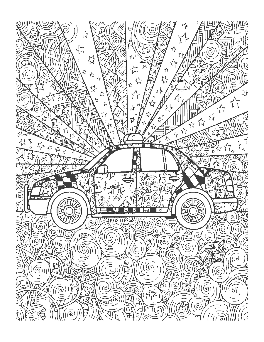 Line drawing of a police car filled with doodle patterns and patterned light rays