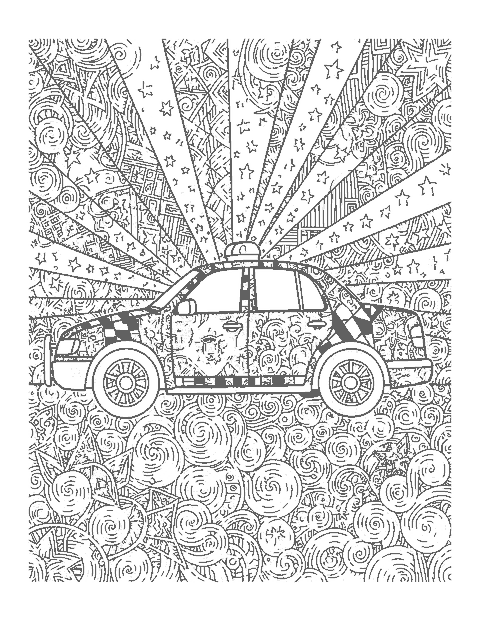 Line drawing of a police car filled with doodle patterns and patterned light rays