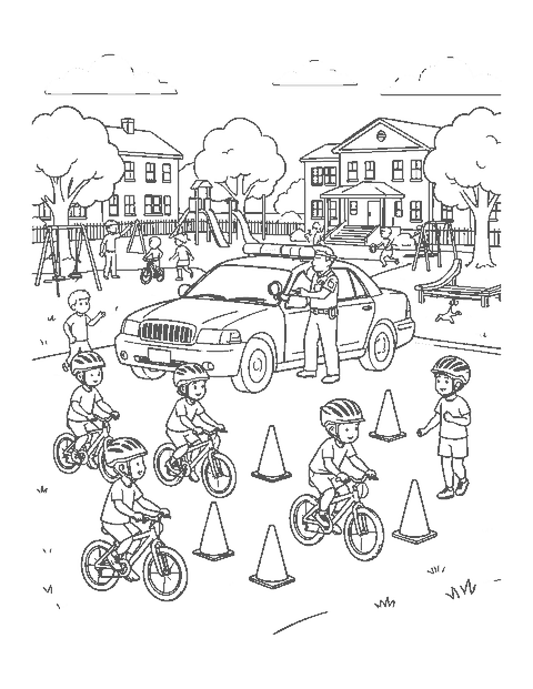 Line drawing of an officer showing kids a police car at a school bike safety day