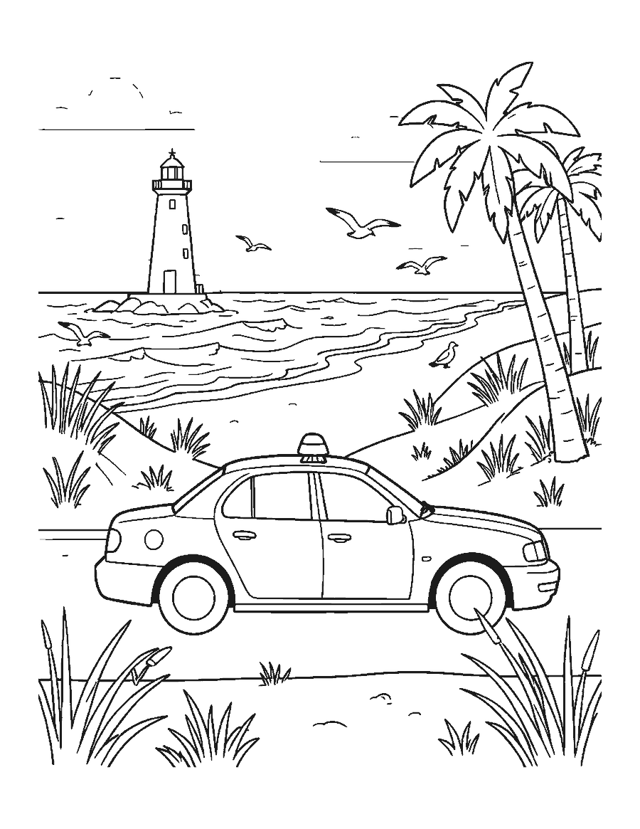 Line drawing of a police car with a light bar driving along a seaside road past a lighthouse