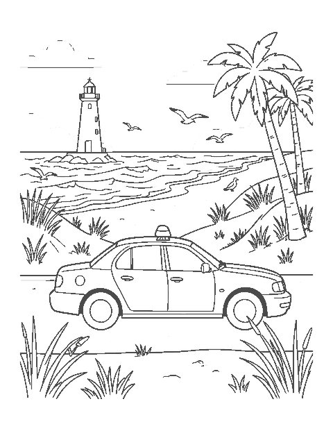 Line drawing of a police car with a light bar driving along a seaside road past a lighthouse