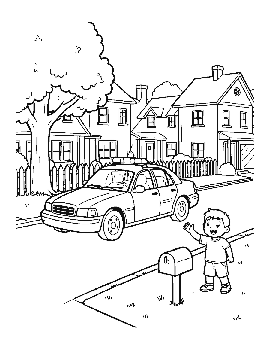 Line drawing of a police car driving past houses as a child waves from a yard