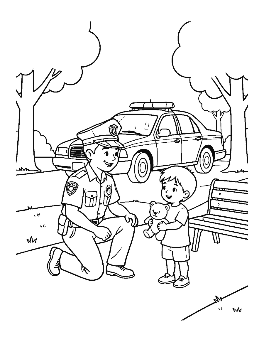 Line drawing of a kind police officer kneeling to help a lost child with a teddy bear