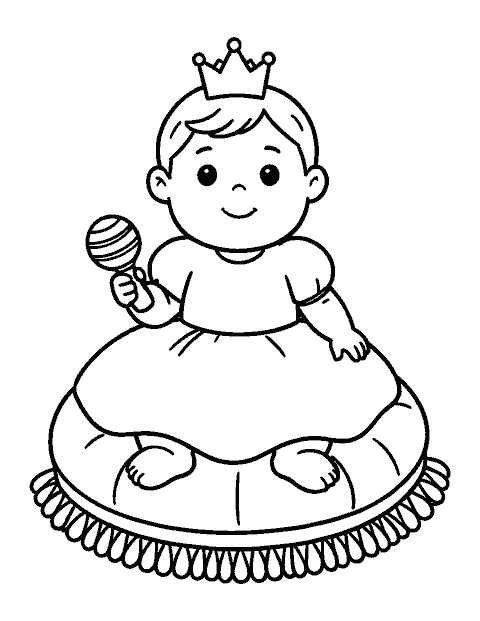 Line drawing of a baby princess in a tiny crown sitting on a tasseled cushion