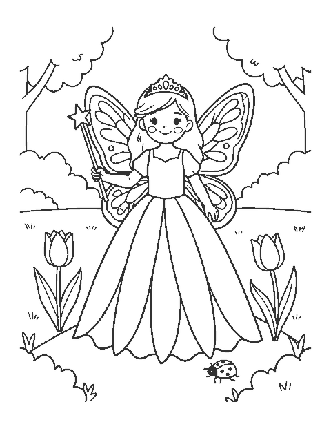 Line drawing of a fairy princess with butterfly wings and a star wand on a garden path