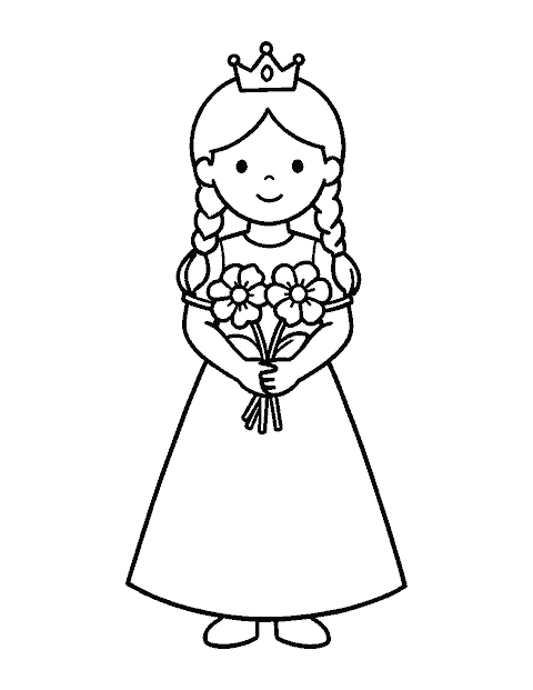 Line drawing of a little princess with braids holding a bouquet of flowers