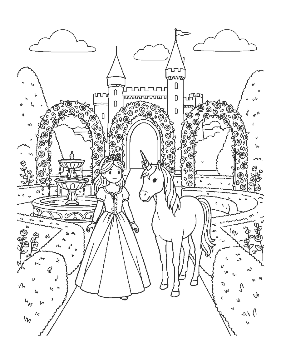 Line drawing of a princess walking beside a unicorn in a castle garden with a fountain