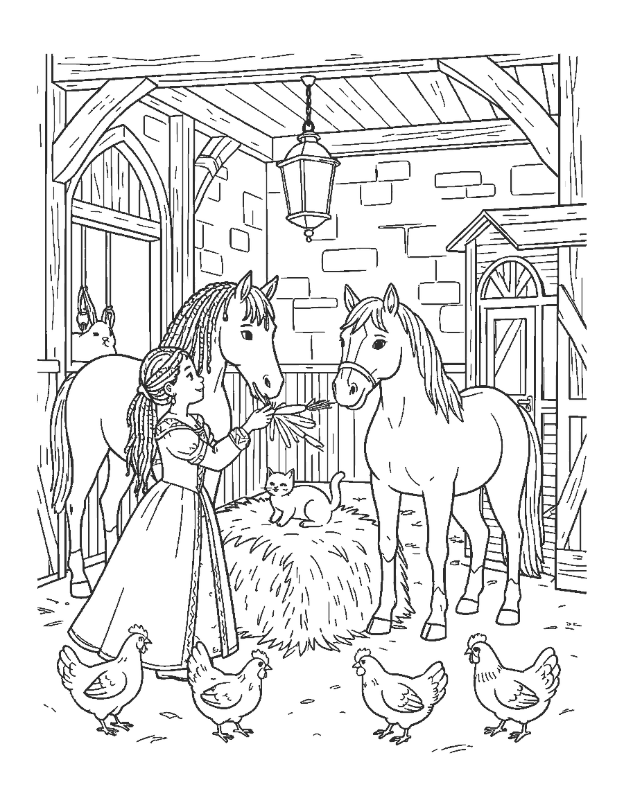 Line drawing of a princess feeding carrots to horses inside a stable with a cat and hens