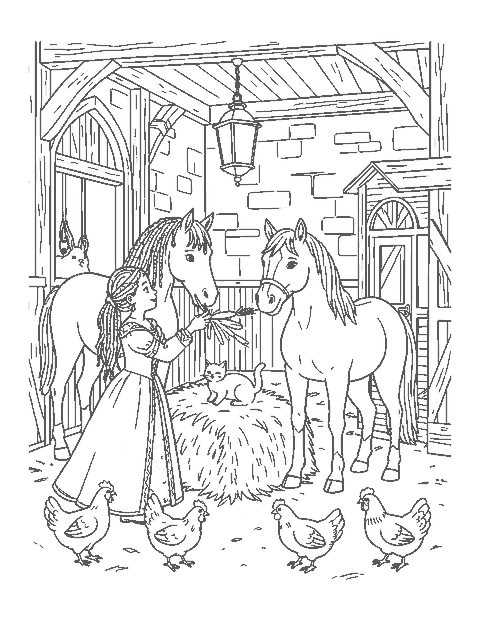 Line drawing of a princess feeding carrots to horses inside a stable with a cat and hens