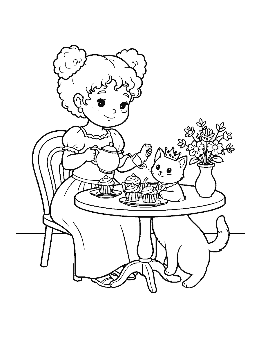 Line drawing of a princess pouring tea for a kitten in a tiny crown