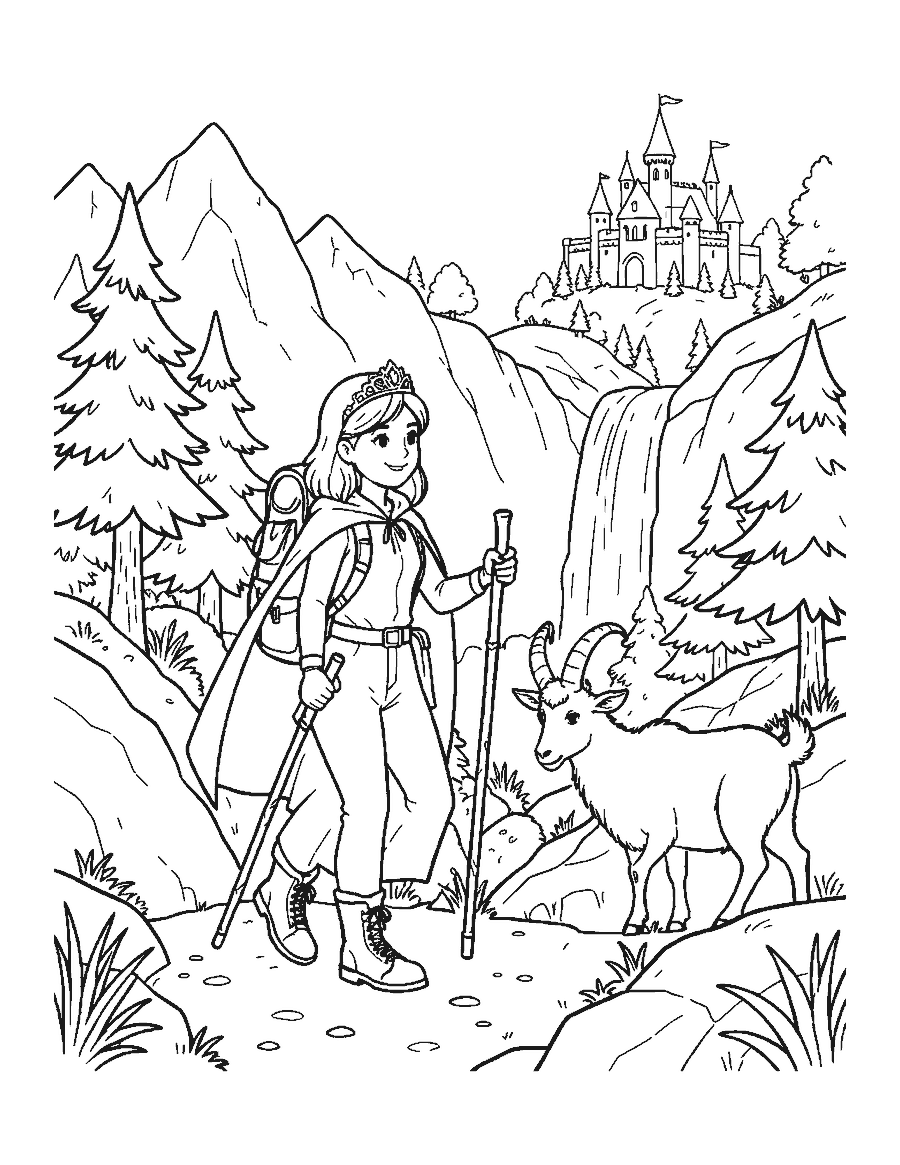 Line drawing of a princess hiking a mountain path with a backpack and walking stick