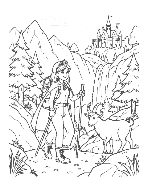 Line drawing of a princess hiking a mountain path with a backpack and walking stick
