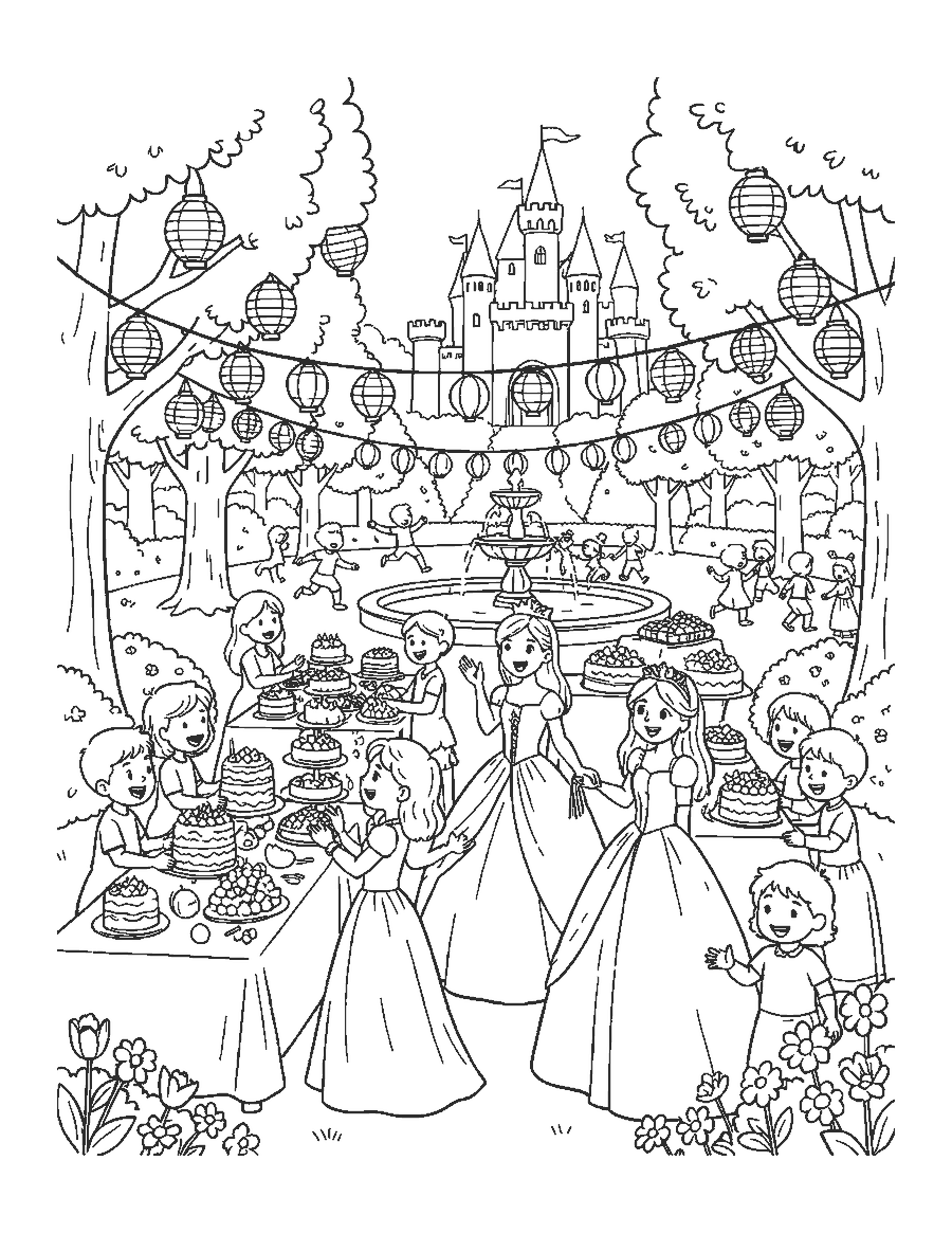 Line drawing of a princess at a garden party with tables of cakes, lanterns and a castle