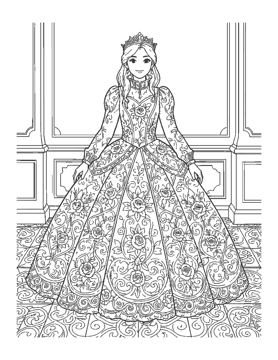 Line drawing of a princess in a long-sleeved ball gown covered in lace and roses