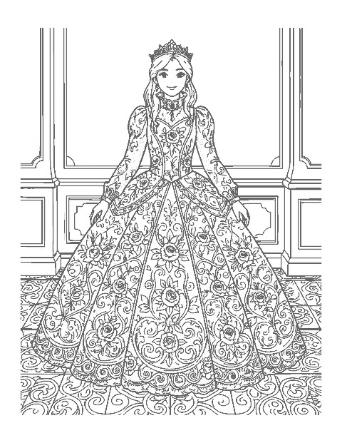Line drawing of a princess in a long-sleeved ball gown covered in lace and roses