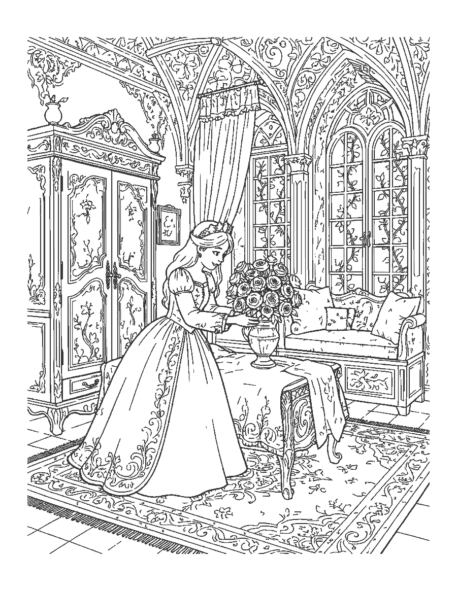 Line drawing of a princess arranging roses in an ornate castle bedroom with a canopy bed
