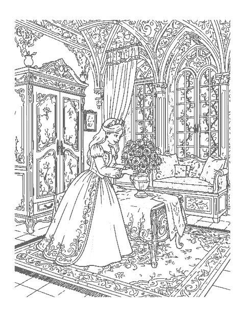 Line drawing of a princess arranging roses in an ornate castle bedroom with a canopy bed
