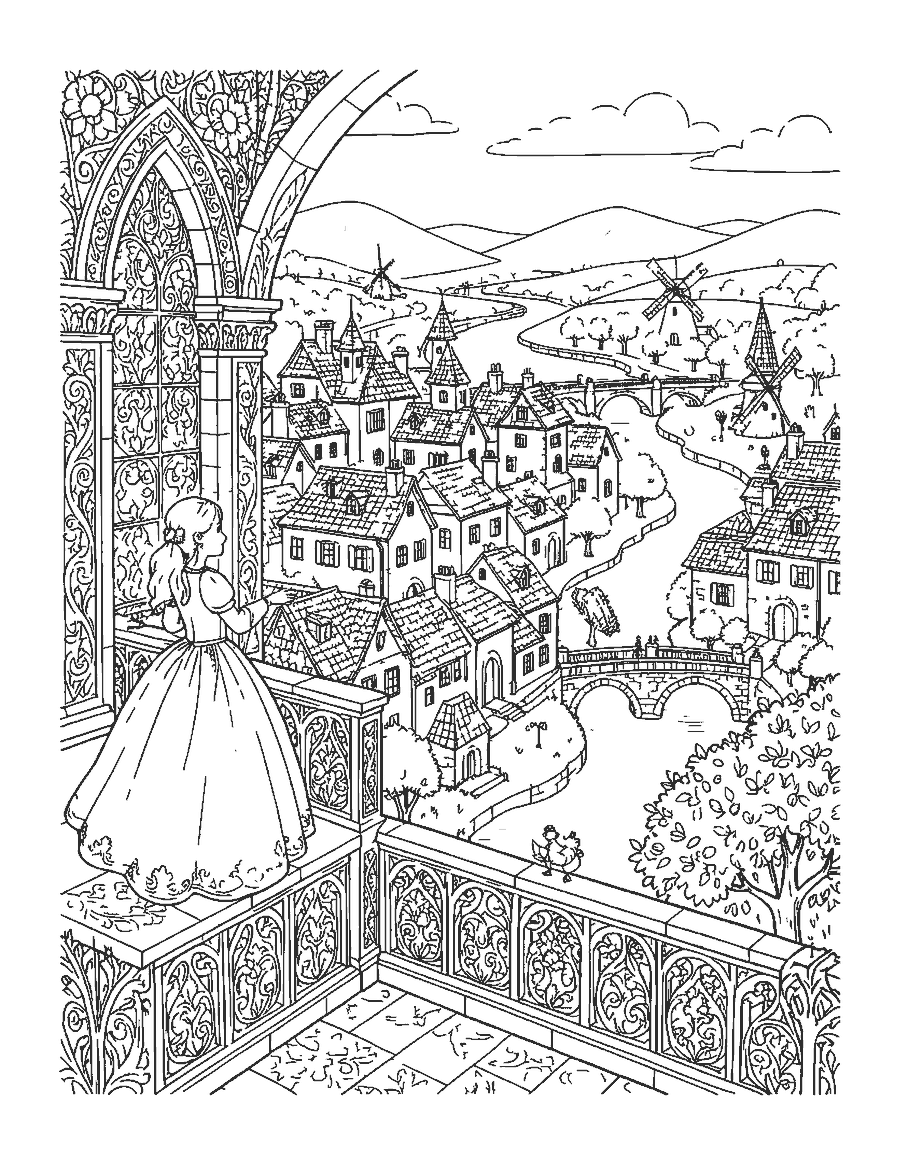 Line drawing of a princess on a stone balcony overlooking rooftops, bridges and windmills