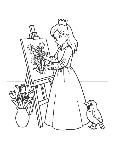 Line drawing of a princess painting flowers at an easel next to a vase of tulips