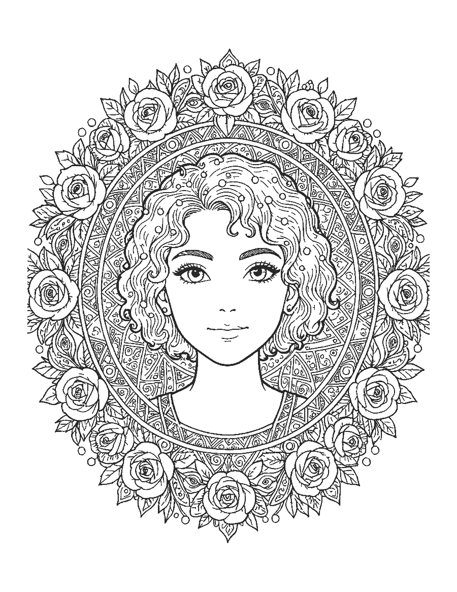 Line drawing of a princess portrait inside a round mandala border of roses and pearls